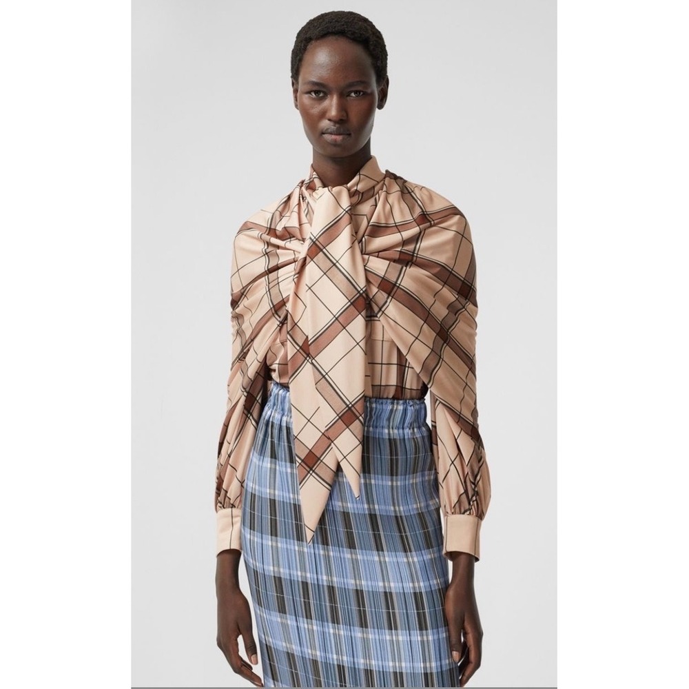 NWT Burberry Blush Pink Check Drape Sleeve Shirt Size 0 US - Picture 2 of 13